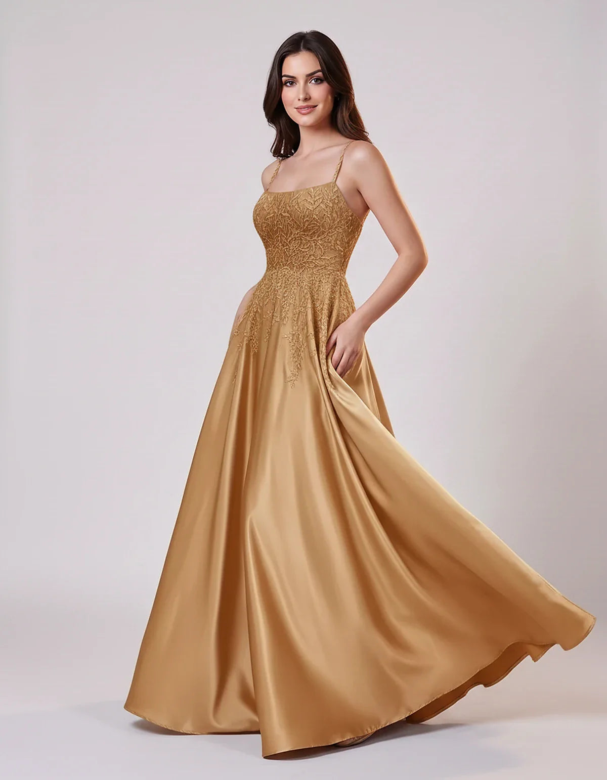 Satin Spaghetti Strap Square Neck Ball Gown Maxi Dress with Lace Appliques for Party, Cocktail, Evening, Wedding Guest & Summ | SKU: VMD-583920471628541-GOLD-L,VMD-583920471628541-GOLD-M,VMD-583920471628541-GOLD-S,VMD-583920471628541-GOLD-XL,VMD-583920471628541-GOLD-XS