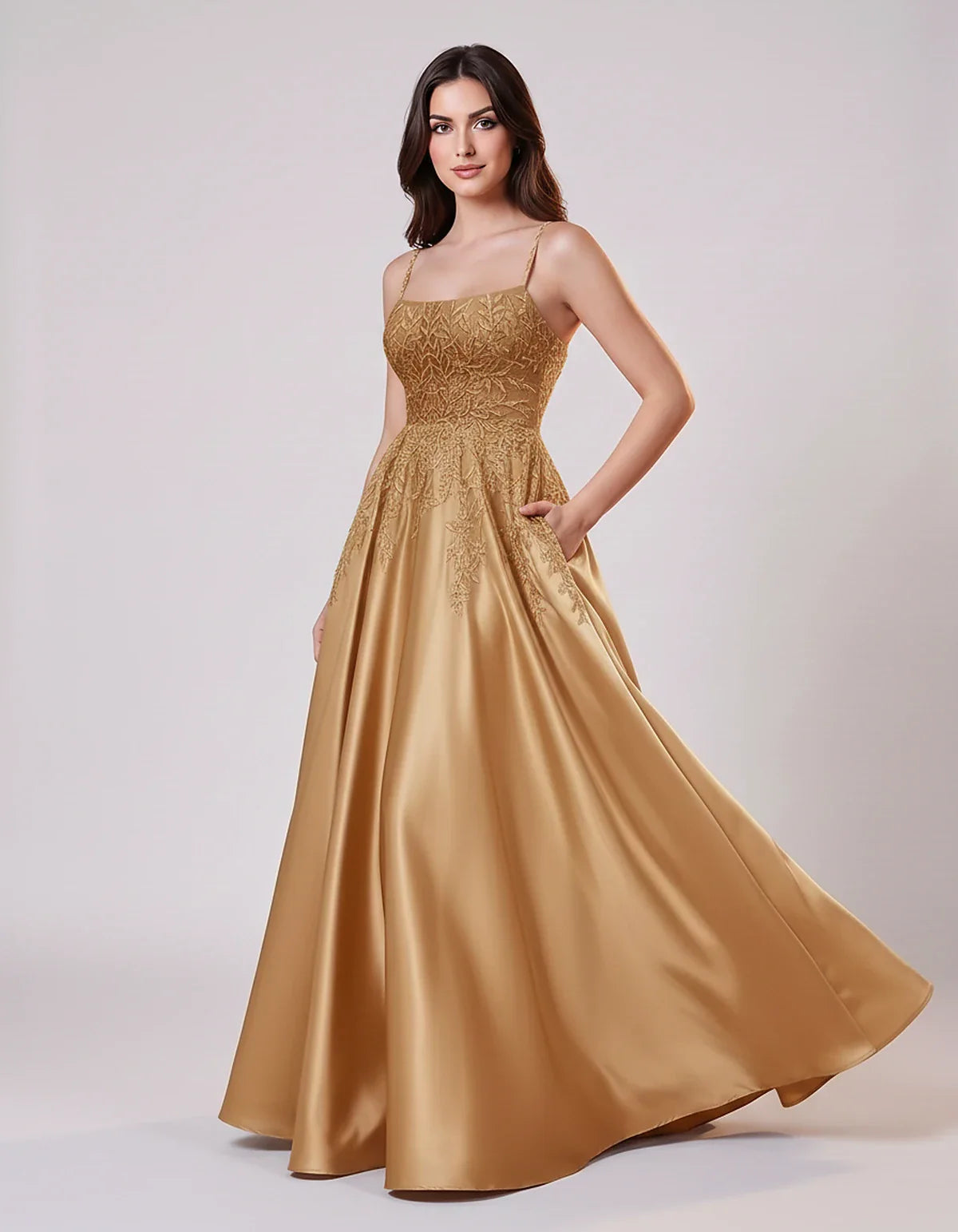 Satin Spaghetti Strap Square Neck Ball Gown Maxi Dress with Lace Appliques for Party, Cocktail, Evening, Wedding Guest & Summ | SKU: VMD-583920471628541-GOLD-L,VMD-583920471628541-GOLD-M,VMD-583920471628541-GOLD-S,VMD-583920471628541-GOLD-XL,VMD-583920471628541-GOLD-XS
