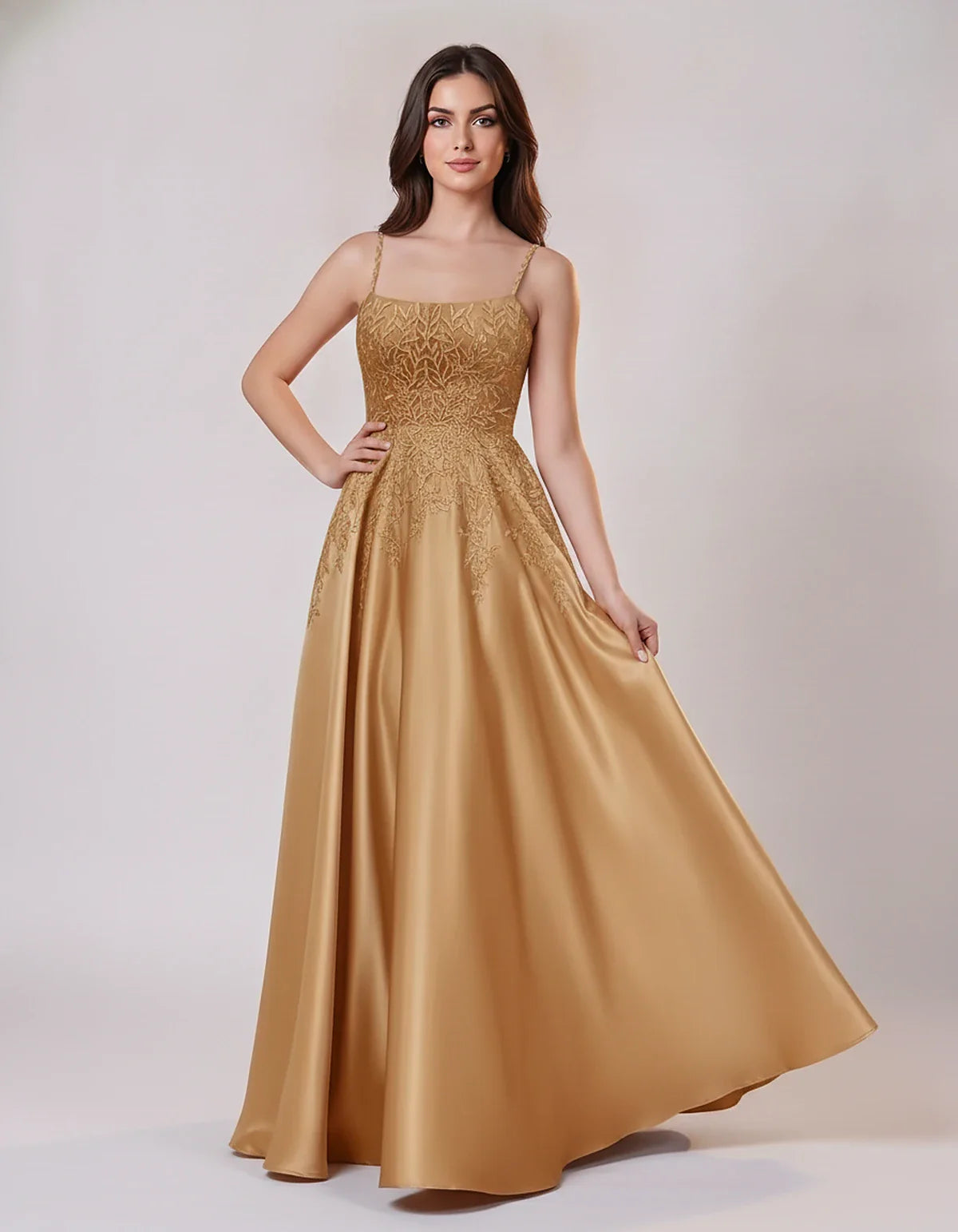Satin Spaghetti Strap Square Neck Ball Gown Maxi Dress with Lace Appliques for Party, Cocktail, Evening, Wedding Guest & Summ | SKU: VMD-583920471628541-GOLD-L,VMD-583920471628541-GOLD-M,VMD-583920471628541-GOLD-S,VMD-583920471628541-GOLD-XL,VMD-583920471628541-GOLD-XS