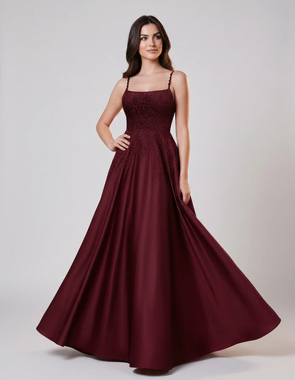 Satin Spaghetti Strap Square Neck Ball Gown Maxi Dress with Lace Appliques for Party, Cocktail, Evening, Wedding Guest & Summ | SKU: VMD-583920471628541-BURGUNDY-L,VMD-583920471628541-BURGUNDY-M,VMD-583920471628541-BURGUNDY-S,VMD-583920471628541-BURGUNDY-XL,VMD-583920471628541-BURGUNDY-XS