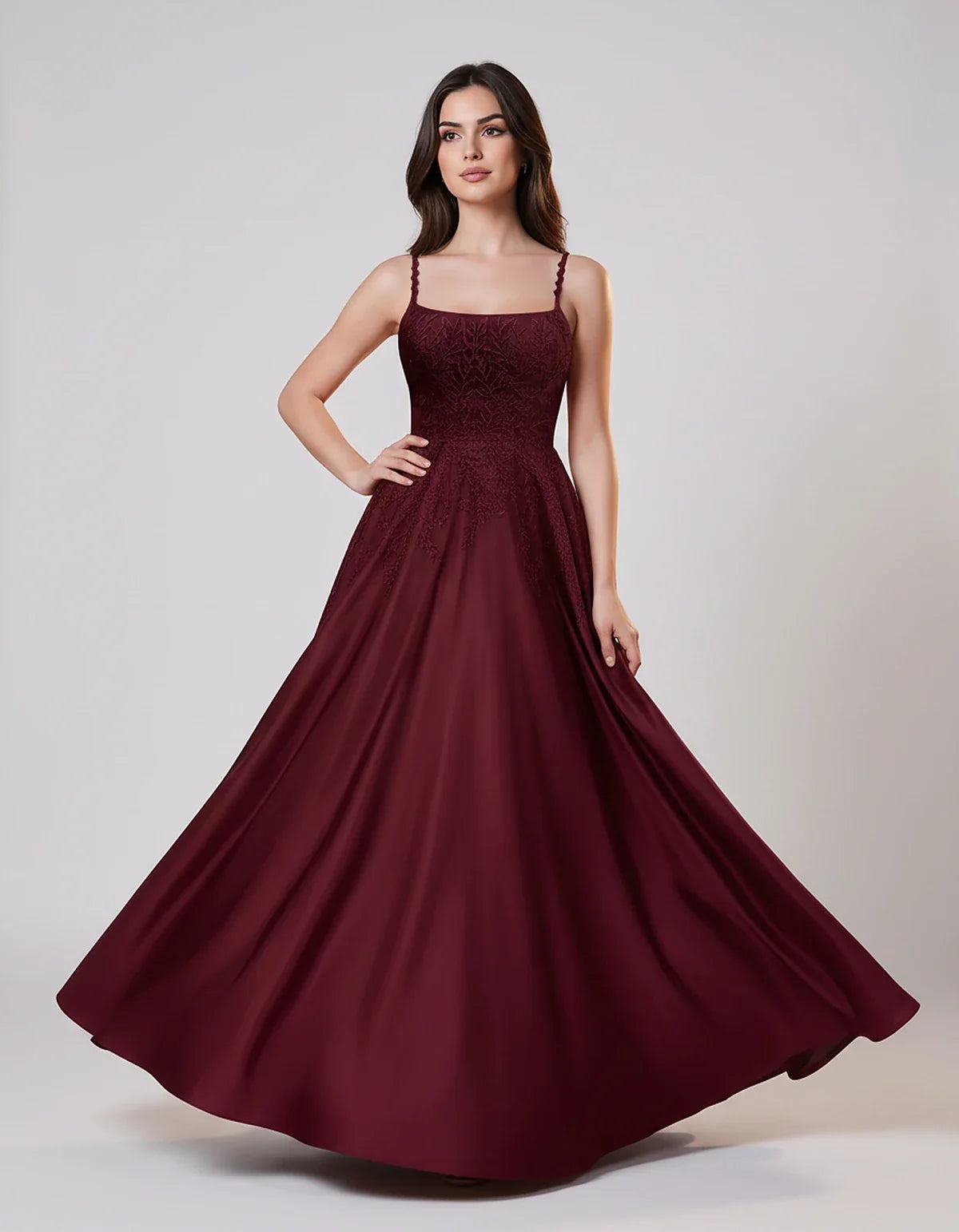 Satin Spaghetti Strap Square Neck Ball Gown Maxi Dress with Lace Appliques for Party, Cocktail, Evening, Wedding Guest & Summ | SKU: VMD-583920471628541-BURGUNDY-L,VMD-583920471628541-BURGUNDY-M,VMD-583920471628541-BURGUNDY-S,VMD-583920471628541-BURGUNDY-XL,VMD-583920471628541-BURGUNDY-XS