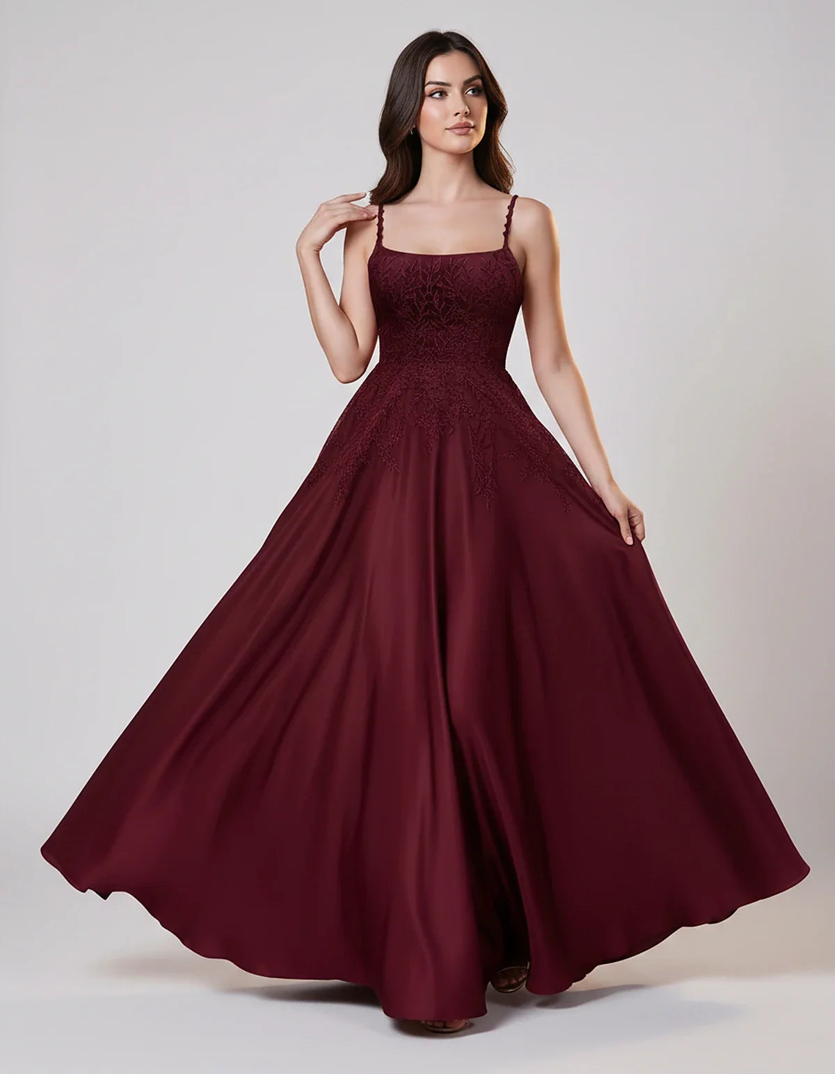 Satin Spaghetti Strap Square Neck Ball Gown Maxi Dress with Lace Appliques for Party, Cocktail, Evening, Wedding Guest & Summ | SKU: VMD-583920471628541-BURGUNDY-L,VMD-583920471628541-BURGUNDY-M,VMD-583920471628541-BURGUNDY-S,VMD-583920471628541-BURGUNDY-XL,VMD-583920471628541-BURGUNDY-XS