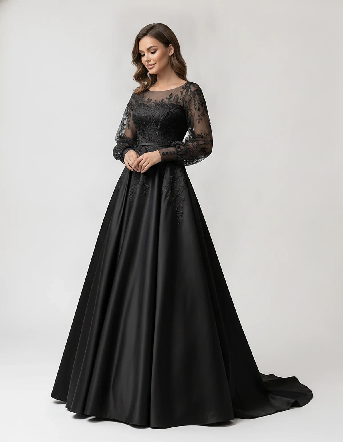 Satin Lace Appliqué Long Sleeve Illusion Neckline A-Line Maxi Dress for Party, Cocktail, Evening, Wedding Guest & Summer Even | SKU: VMD-583921746182305-BLACK-L,VMD-583921746182305-BLACK-M,VMD-583921746182305-BLACK-S,VMD-583921746182305-BLACK-XL,VMD-583921746182305-BLACK-XS