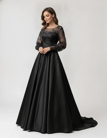 Satin Lace Appliqué Long Sleeve Illusion Neckline A-Line Maxi Dress for Party, Cocktail, Evening, Wedding Guest & Summer Even | SKU: VMD-583921746182305-BLACK-L,VMD-583921746182305-BLACK-M,VMD-583921746182305-BLACK-S,VMD-583921746182305-BLACK-XL,VMD-583921746182305-BLACK-XS