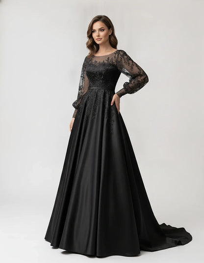 Satin Lace Appliqué Long Sleeve Illusion Neckline A-Line Maxi Dress for Party, Cocktail, Evening, Wedding Guest & Summer Even | SKU: VMD-583921746182305-BLACK-L,VMD-583921746182305-BLACK-M,VMD-583921746182305-BLACK-S,VMD-583921746182305-BLACK-XL,VMD-583921746182305-BLACK-XS