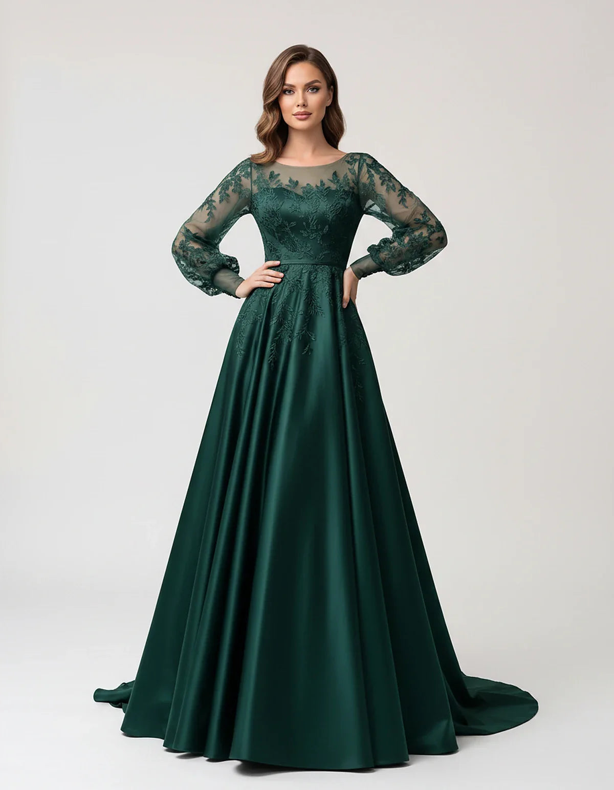 Satin Lace Appliqué Long Sleeve Illusion Neckline A-Line Maxi Dress for Party, Cocktail, Evening, Wedding Guest & Summer Even | SKU: VMD-583921746182305-TEAL-L,VMD-583921746182305-TEAL-M,VMD-583921746182305-TEAL-S,VMD-583921746182305-TEAL-XL,VMD-583921746182305-TEAL-XS