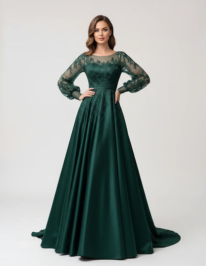 Satin Lace Appliqué Long Sleeve Illusion Neckline A-Line Maxi Dress for Party, Cocktail, Evening, Wedding Guest & Summer Even | SKU: VMD-583921746182305-TEAL-L,VMD-583921746182305-TEAL-M,VMD-583921746182305-TEAL-S,VMD-583921746182305-TEAL-XL,VMD-583921746182305-TEAL-XS