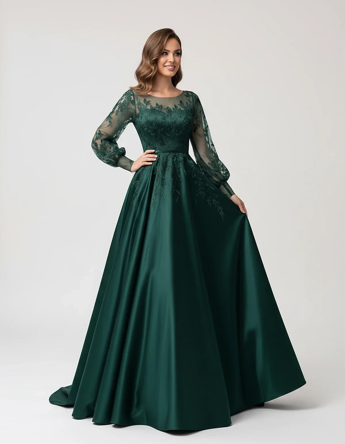 Satin Lace Appliqué Long Sleeve Illusion Neckline A-Line Maxi Dress for Party, Cocktail, Evening, Wedding Guest & Summer Even | SKU: VMD-583921746182305-TEAL-L,VMD-583921746182305-TEAL-M,VMD-583921746182305-TEAL-S,VMD-583921746182305-TEAL-XL,VMD-583921746182305-TEAL-XS