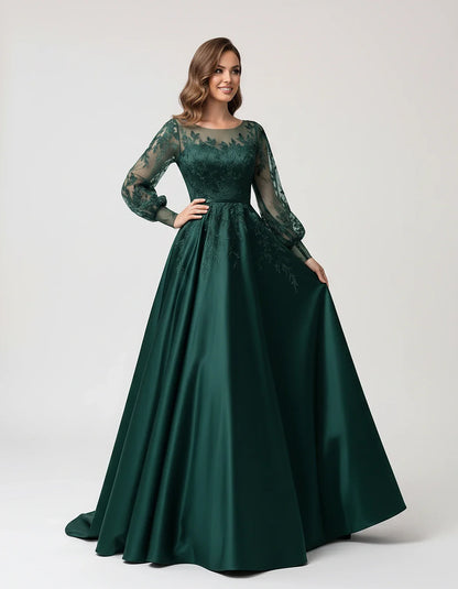 Satin Lace Appliqué Long Sleeve Illusion Neckline A-Line Maxi Dress for Party, Cocktail, Evening, Wedding Guest & Summer Even | SKU: VMD-583921746182305-TEAL-L,VMD-583921746182305-TEAL-M,VMD-583921746182305-TEAL-S,VMD-583921746182305-TEAL-XL,VMD-583921746182305-TEAL-XS