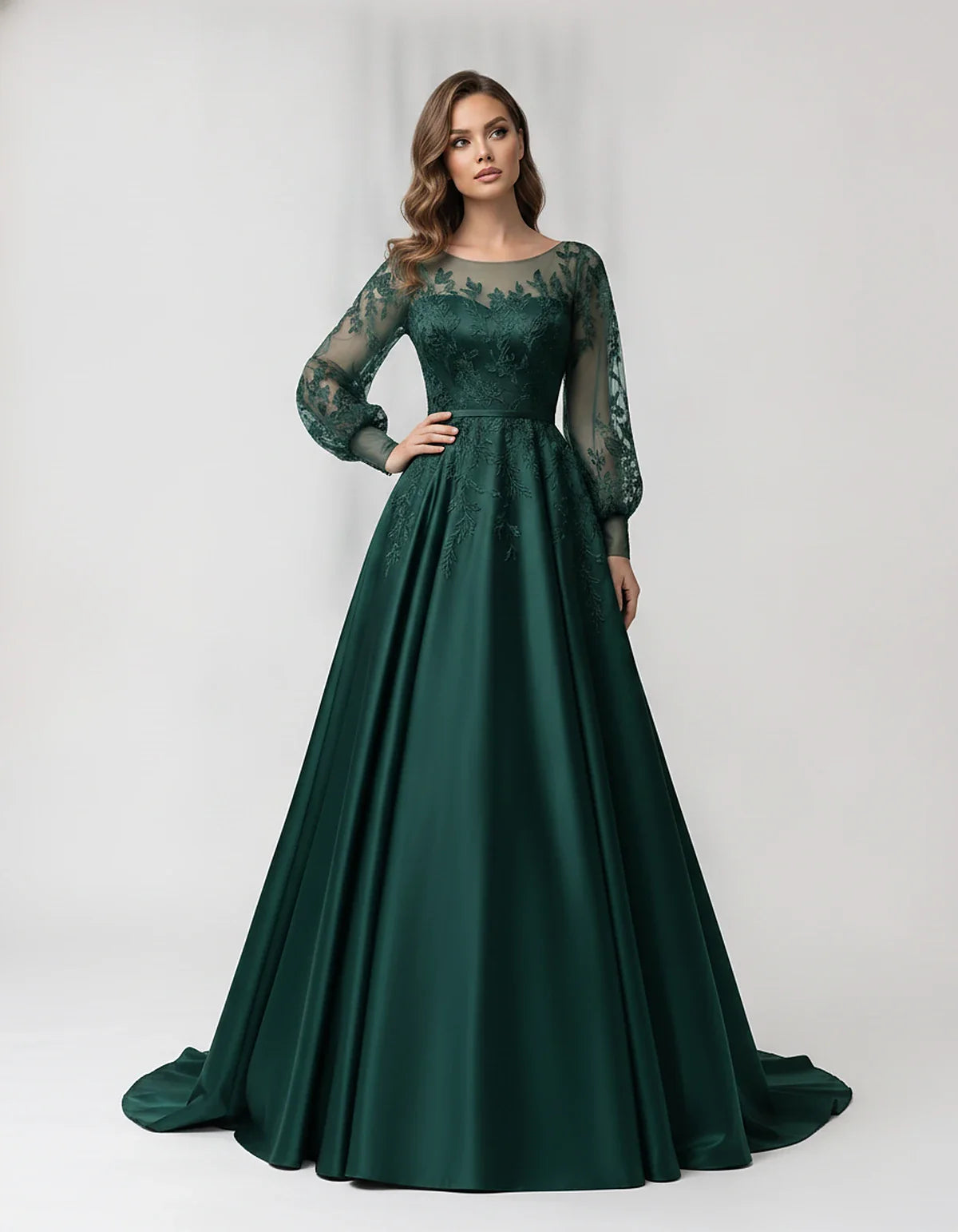 Satin Lace Appliqué Long Sleeve Illusion Neckline A-Line Maxi Dress for Party, Cocktail, Evening, Wedding Guest & Summer Even | SKU: VMD-583921746182305-TEAL-L,VMD-583921746182305-TEAL-M,VMD-583921746182305-TEAL-S,VMD-583921746182305-TEAL-XL,VMD-583921746182305-TEAL-XS