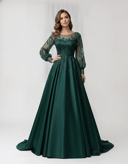 Satin Lace Appliqué Long Sleeve Illusion Neckline A-Line Maxi Dress for Party, Cocktail, Evening, Wedding Guest & Summer Even | SKU: VMD-583921746182305-TEAL-L,VMD-583921746182305-TEAL-M,VMD-583921746182305-TEAL-S,VMD-583921746182305-TEAL-XL,VMD-583921746182305-TEAL-XS