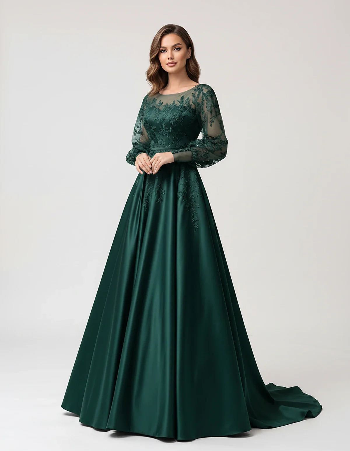 Satin Lace Appliqué Long Sleeve Illusion Neckline A-Line Maxi Dress for Party, Cocktail, Evening, Wedding Guest & Summer Even | SKU: VMD-583921746182305-TEAL-L,VMD-583921746182305-TEAL-M,VMD-583921746182305-TEAL-S,VMD-583921746182305-TEAL-XL,VMD-583921746182305-TEAL-XS