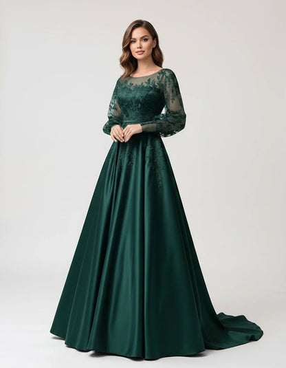 Satin Lace Appliqué Long Sleeve Illusion Neckline A-Line Maxi Dress for Party, Cocktail, Evening, Wedding Guest & Summer Even | SKU: VMD-583921746182305-TEAL-L,VMD-583921746182305-TEAL-M,VMD-583921746182305-TEAL-S,VMD-583921746182305-TEAL-XL,VMD-583921746182305-TEAL-XS