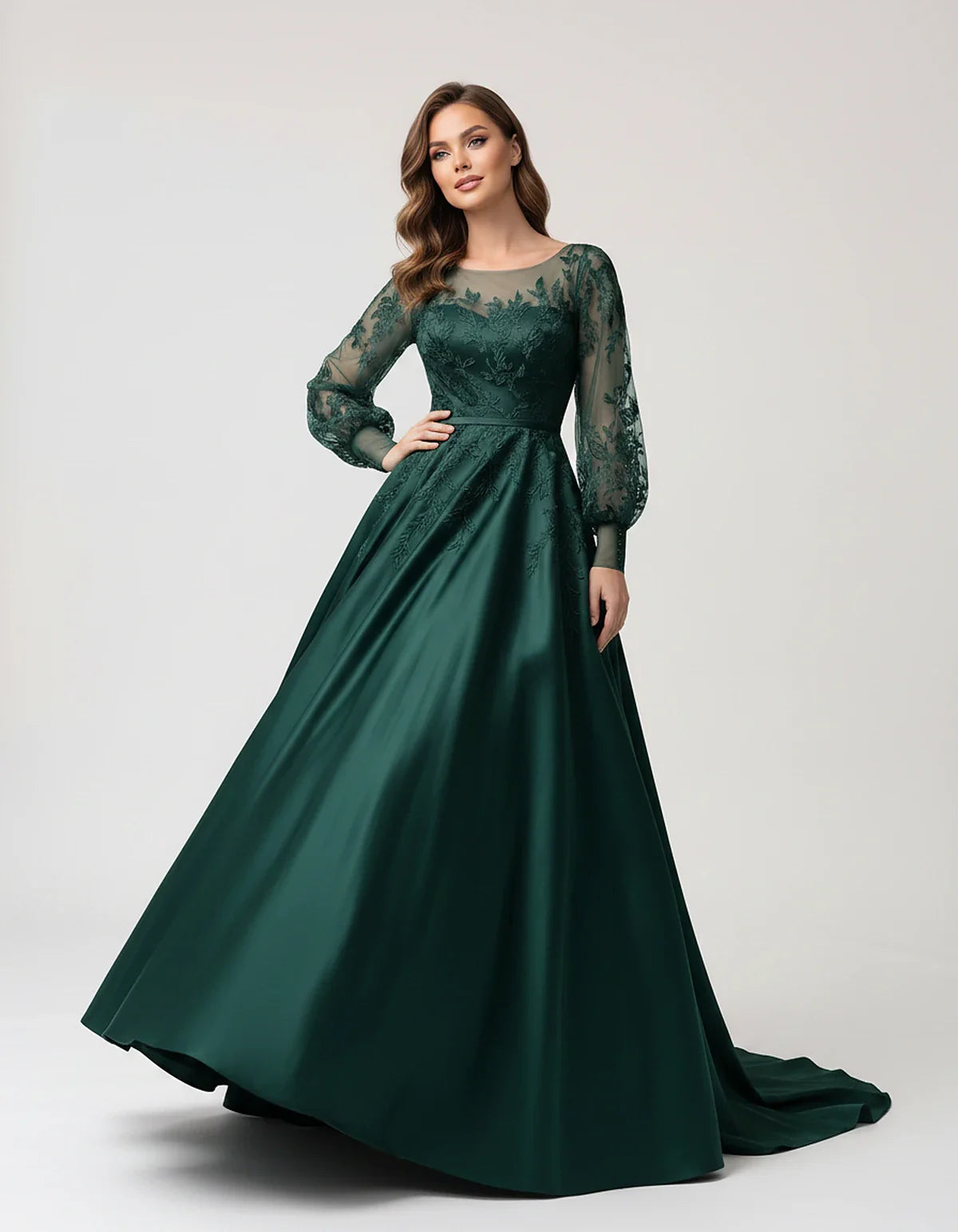Satin Lace Appliqué Long Sleeve Illusion Neckline A-Line Maxi Dress for Party, Cocktail, Evening, Wedding Guest & Summer Even | SKU: VMD-583921746182305-TEAL-L,VMD-583921746182305-TEAL-M,VMD-583921746182305-TEAL-S,VMD-583921746182305-TEAL-XL,VMD-583921746182305-TEAL-XS