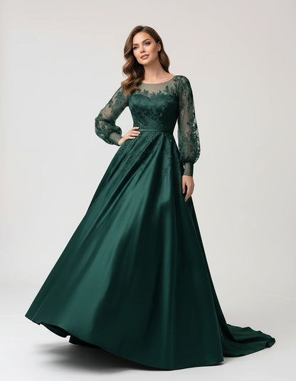 Satin Lace Appliqué Long Sleeve Illusion Neckline A-Line Maxi Dress for Party, Cocktail, Evening, Wedding Guest & Summer Even | SKU: VMD-583921746182305-TEAL-L,VMD-583921746182305-TEAL-M,VMD-583921746182305-TEAL-S,VMD-583921746182305-TEAL-XL,VMD-583921746182305-TEAL-XS