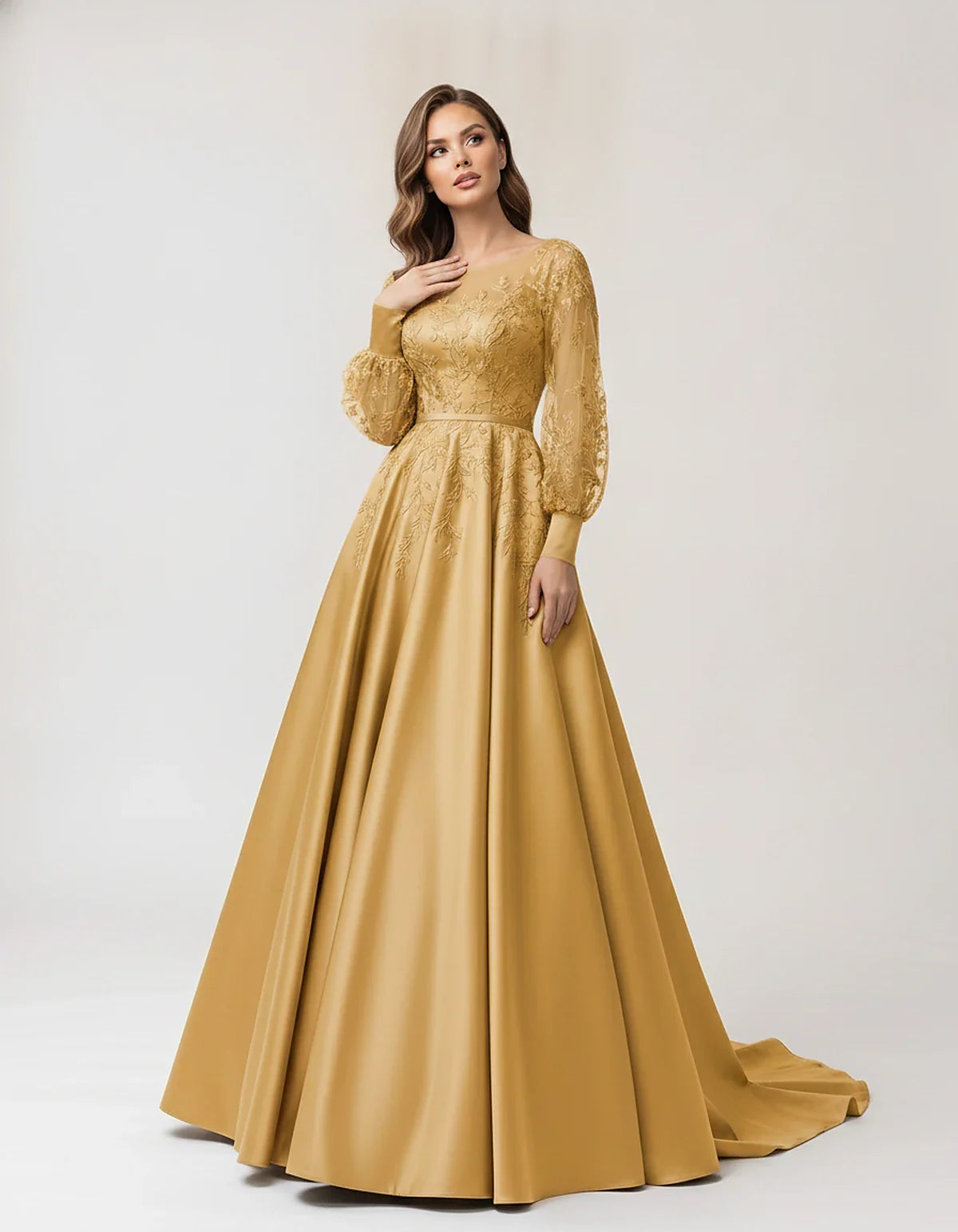 Satin Lace Appliqué Long Sleeve Illusion Neckline A-Line Maxi Dress for Party, Cocktail, Evening, Wedding Guest & Summer Even | SKU: VMD-583921746182305-GOLD-L,VMD-583921746182305-GOLD-M,VMD-583921746182305-GOLD-S,VMD-583921746182305-GOLD-XL,VMD-583921746182305-GOLD-XS