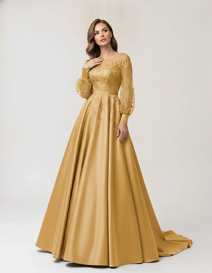 Satin Lace Appliqué Long Sleeve Illusion Neckline A-Line Maxi Dress for Party, Cocktail, Evening, Wedding Guest & Summer Even | SKU: VMD-583921746182305-GOLD-L,VMD-583921746182305-GOLD-M,VMD-583921746182305-GOLD-S,VMD-583921746182305-GOLD-XL,VMD-583921746182305-GOLD-XS