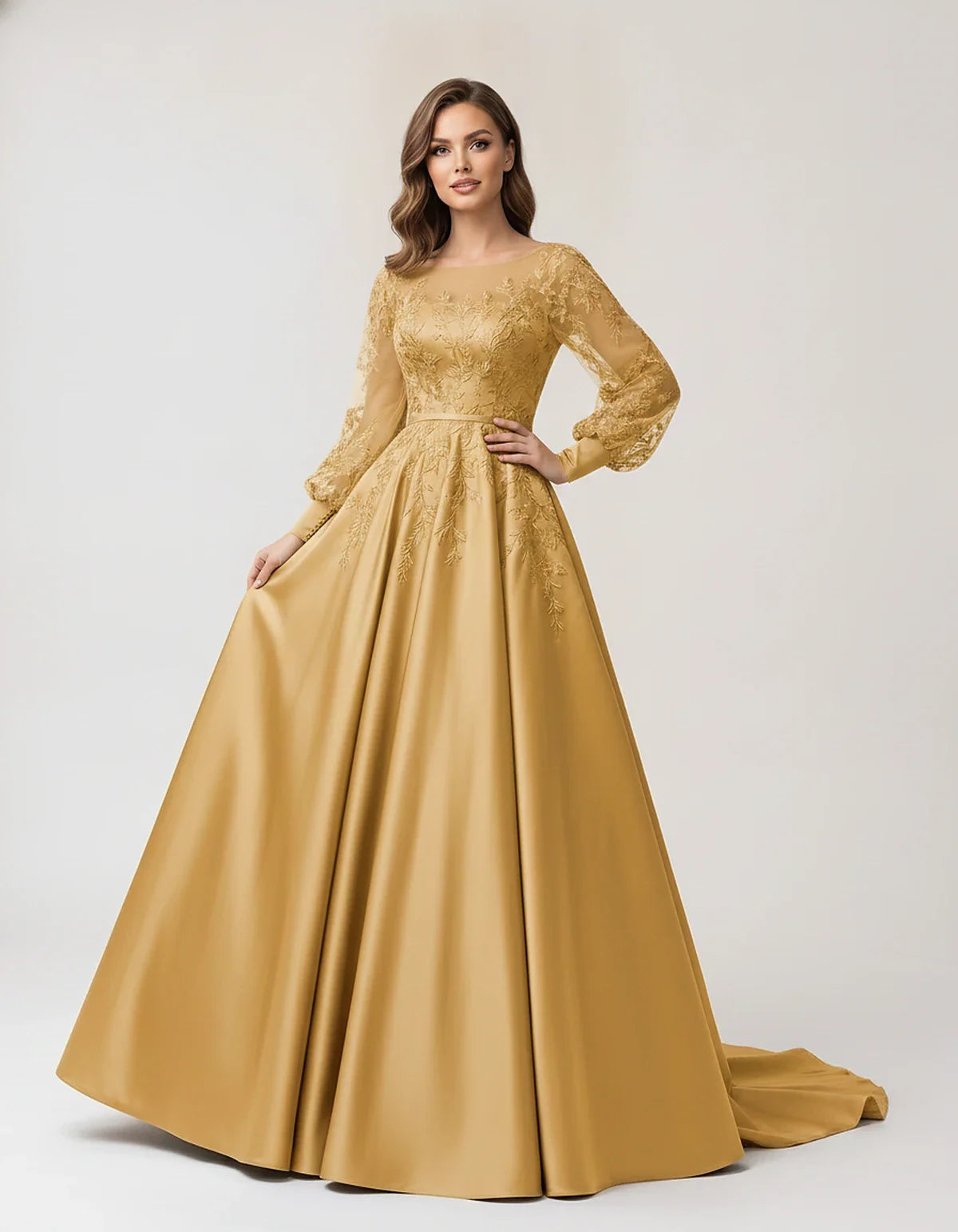 Satin Lace Appliqué Long Sleeve Illusion Neckline A-Line Maxi Dress for Party, Cocktail, Evening, Wedding Guest & Summer Even | SKU: VMD-583921746182305-GOLD-L,VMD-583921746182305-GOLD-M,VMD-583921746182305-GOLD-S,VMD-583921746182305-GOLD-XL,VMD-583921746182305-GOLD-XS