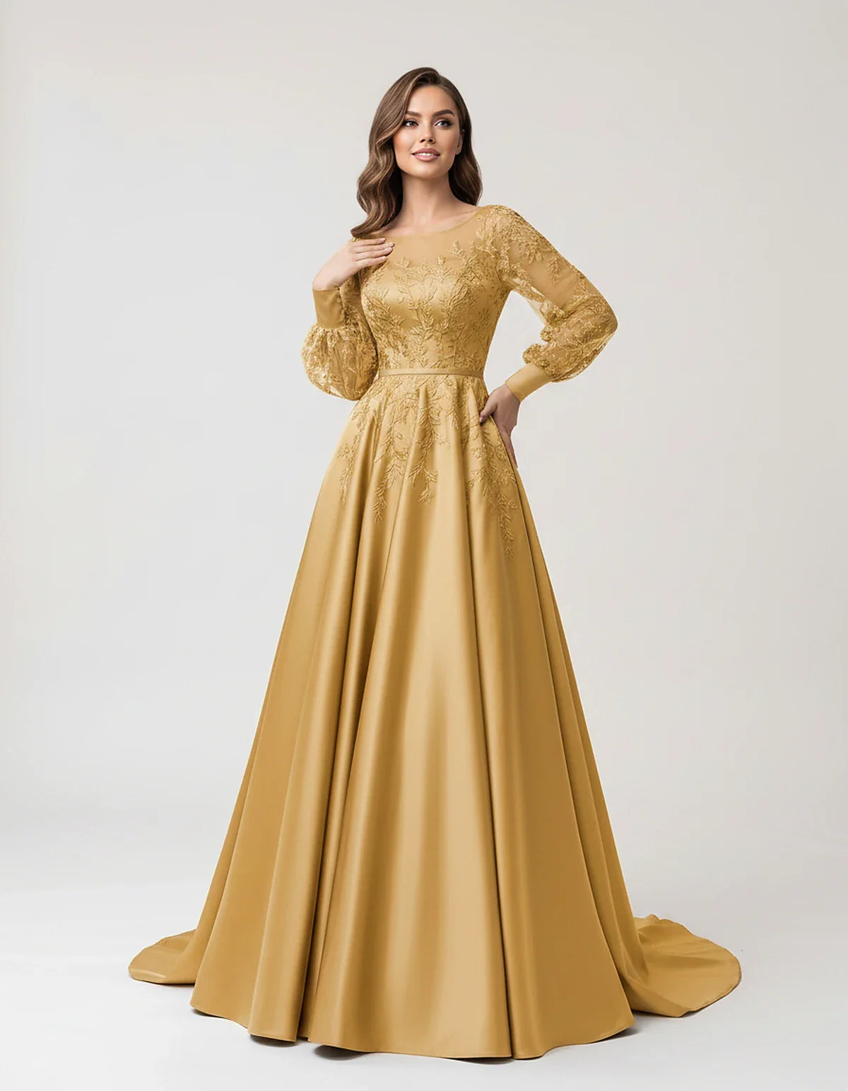 Satin Lace Appliqué Long Sleeve Illusion Neckline A-Line Maxi Dress for Party, Cocktail, Evening, Wedding Guest & Summer Even | SKU: VMD-583921746182305-GOLD-L,VMD-583921746182305-GOLD-M,VMD-583921746182305-GOLD-S,VMD-583921746182305-GOLD-XL,VMD-583921746182305-GOLD-XS
