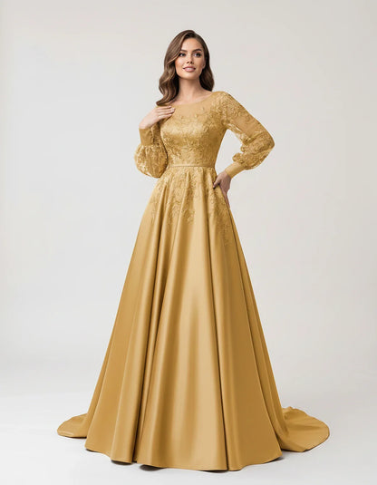 Satin Lace Appliqué Long Sleeve Illusion Neckline A-Line Maxi Dress for Party, Cocktail, Evening, Wedding Guest & Summer Even | SKU: VMD-583921746182305-GOLD-L,VMD-583921746182305-GOLD-M,VMD-583921746182305-GOLD-S,VMD-583921746182305-GOLD-XL,VMD-583921746182305-GOLD-XS