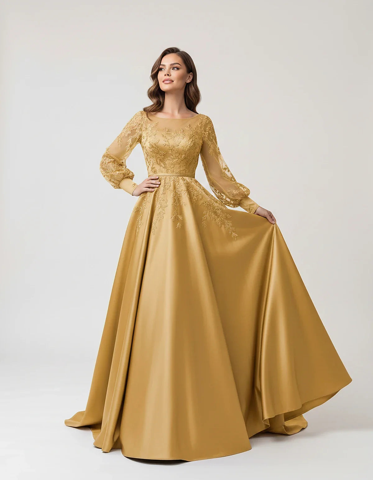 Satin Lace Appliqué Long Sleeve Illusion Neckline A-Line Maxi Dress for Party, Cocktail, Evening, Wedding Guest & Summer Even | SKU: VMD-583921746182305-GOLD-L,VMD-583921746182305-GOLD-M,VMD-583921746182305-GOLD-S,VMD-583921746182305-GOLD-XL,VMD-583921746182305-GOLD-XS