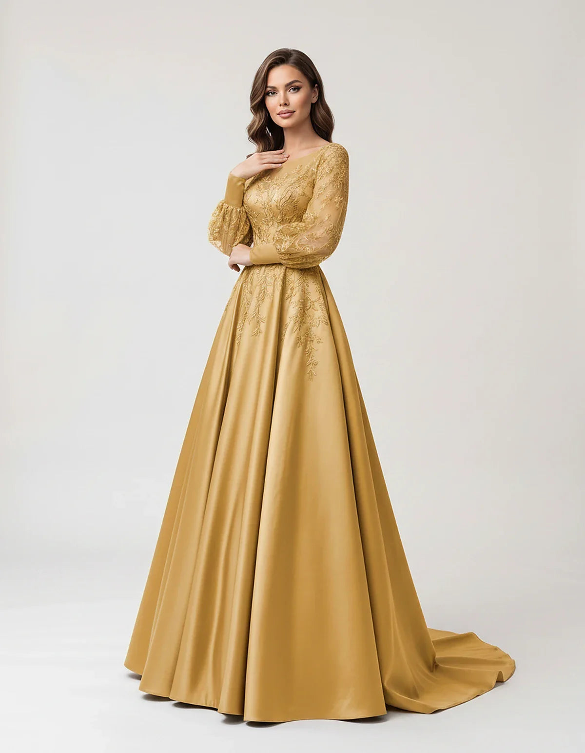 Satin Lace Appliqué Long Sleeve Illusion Neckline A-Line Maxi Dress for Party, Cocktail, Evening, Wedding Guest & Summer Even | SKU: VMD-583921746182305-GOLD-L,VMD-583921746182305-GOLD-M,VMD-583921746182305-GOLD-S,VMD-583921746182305-GOLD-XL,VMD-583921746182305-GOLD-XS