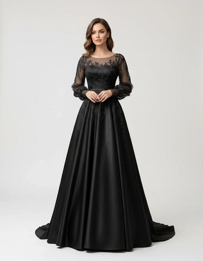 Satin Lace Appliqué Long Sleeve Illusion Neckline A-Line Maxi Dress for Party, Cocktail, Evening, Wedding Guest & Summer Even | SKU: VMD-583921746182305-BLACK-L,VMD-583921746182305-BLACK-M,VMD-583921746182305-BLACK-S,VMD-583921746182305-BLACK-XL,VMD-583921746182305-BLACK-XS