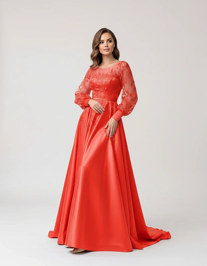 Satin Lace Appliqué Long Sleeve Illusion Neckline A-Line Maxi Dress for Party, Cocktail, Evening, Wedding Guest & Summer Even | SKU: VMD-583921746182305-CORAL-L,VMD-583921746182305-CORAL-M,VMD-583921746182305-CORAL-S,VMD-583921746182305-CORAL-XL,VMD-583921746182305-CORAL-XS