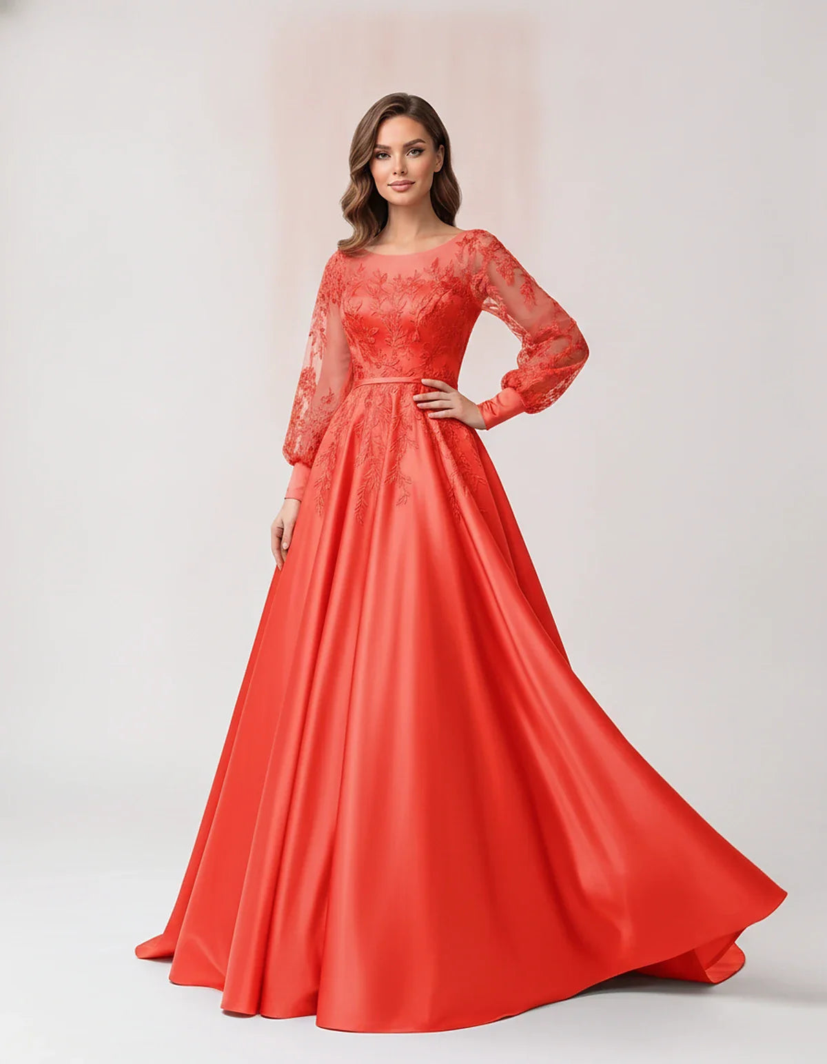 Satin Lace Appliqué Long Sleeve Illusion Neckline A-Line Maxi Dress for Party, Cocktail, Evening, Wedding Guest & Summer Even | SKU: VMD-583921746182305-CORAL-L,VMD-583921746182305-CORAL-M,VMD-583921746182305-CORAL-S,VMD-583921746182305-CORAL-XL,VMD-583921746182305-CORAL-XS