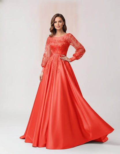 Satin Lace Appliqué Long Sleeve Illusion Neckline A-Line Maxi Dress for Party, Cocktail, Evening, Wedding Guest & Summer Even | SKU: VMD-583921746182305-CORAL-L,VMD-583921746182305-CORAL-M,VMD-583921746182305-CORAL-S,VMD-583921746182305-CORAL-XL,VMD-583921746182305-CORAL-XS
