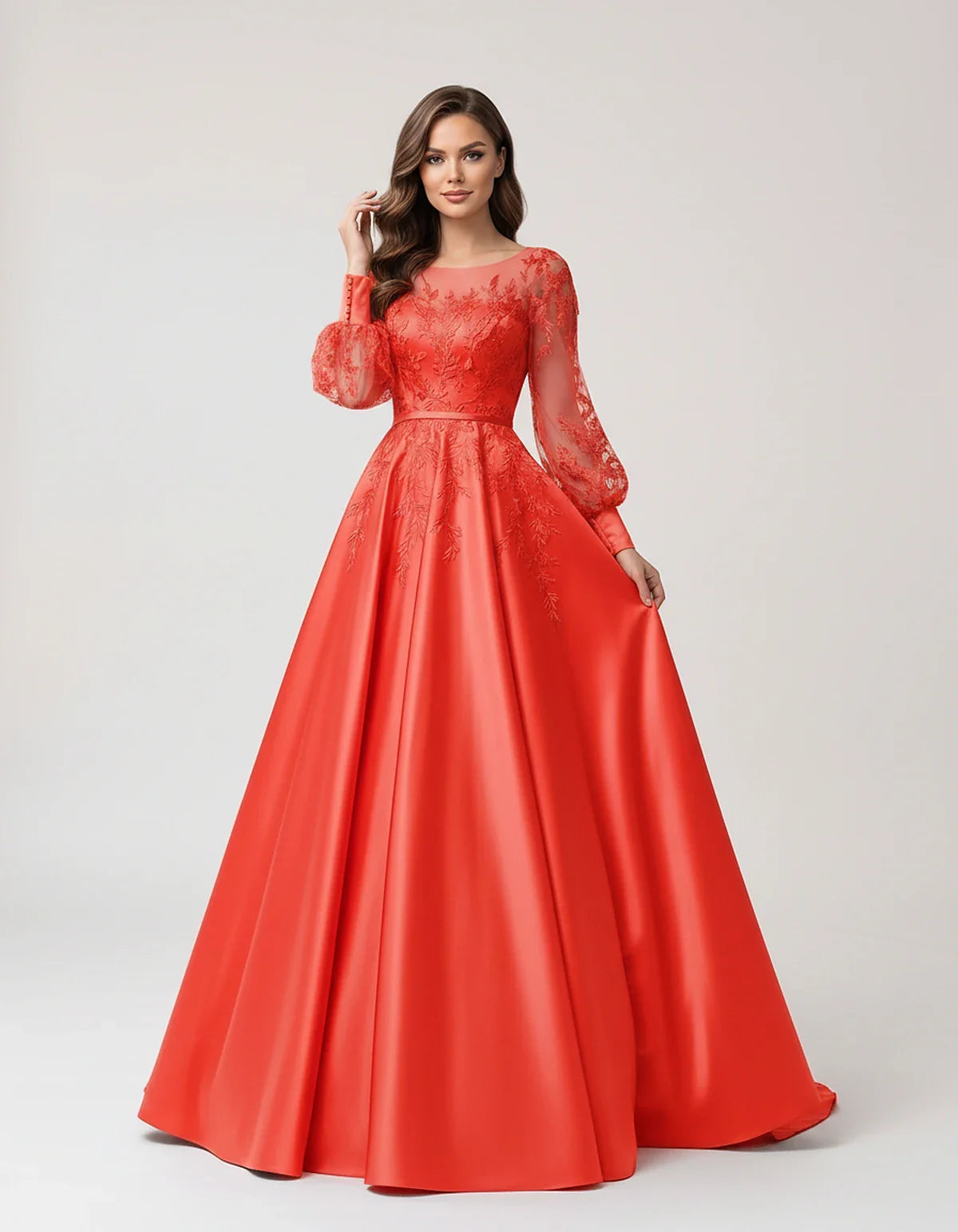 Satin Lace Appliqué Long Sleeve Illusion Neckline A-Line Maxi Dress for Party, Cocktail, Evening, Wedding Guest & Summer Even | SKU: VMD-583921746182305-CORAL-L,VMD-583921746182305-CORAL-M,VMD-583921746182305-CORAL-S,VMD-583921746182305-CORAL-XL,VMD-583921746182305-CORAL-XS