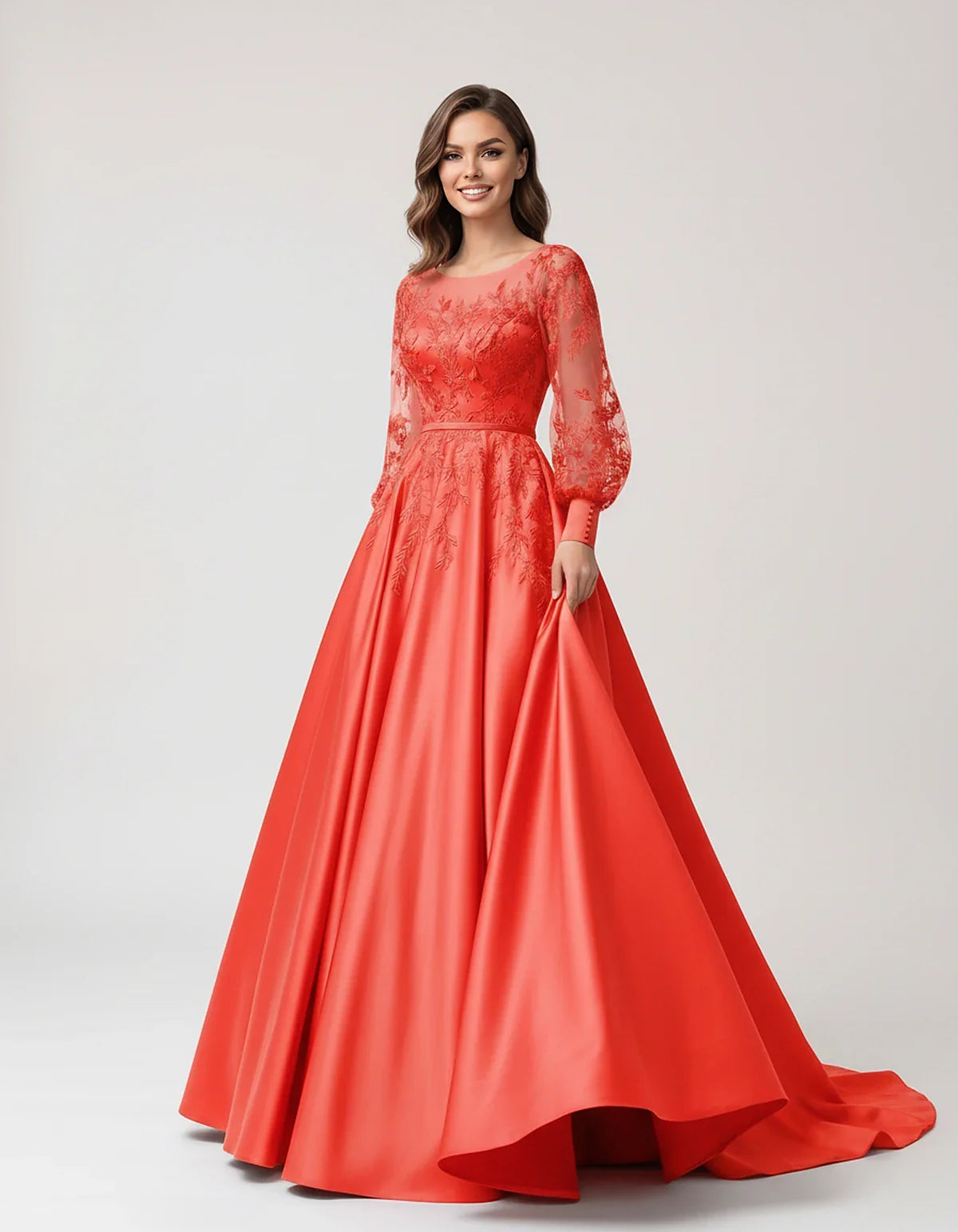 Satin Lace Appliqué Long Sleeve Illusion Neckline A-Line Maxi Dress for Party, Cocktail, Evening, Wedding Guest & Summer Even | SKU: VMD-583921746182305-CORAL-L,VMD-583921746182305-CORAL-M,VMD-583921746182305-CORAL-S,VMD-583921746182305-CORAL-XL,VMD-583921746182305-CORAL-XS