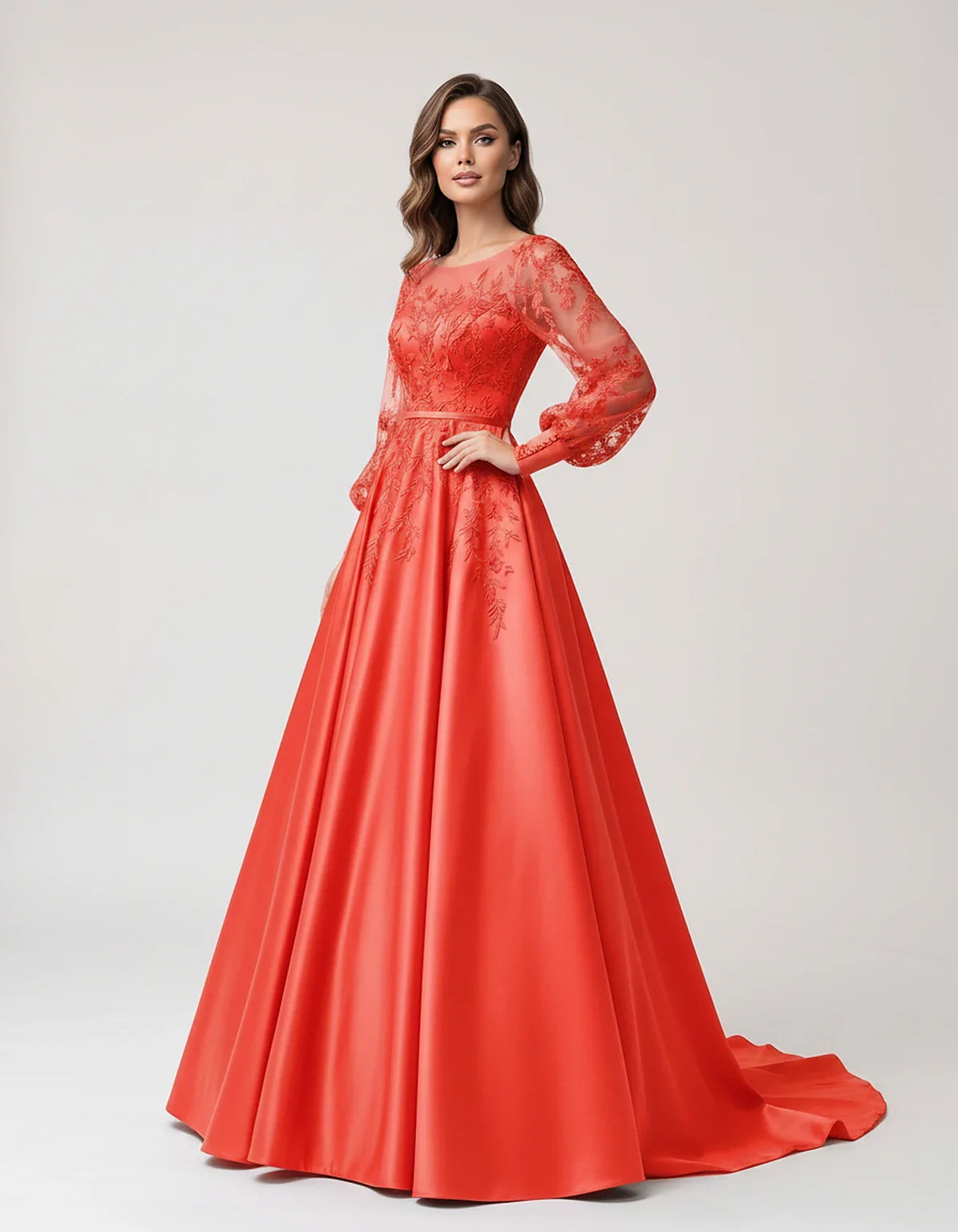 Satin Lace Appliqué Long Sleeve Illusion Neckline A-Line Maxi Dress for Party, Cocktail, Evening, Wedding Guest & Summer Even | SKU: VMD-583921746182305-CORAL-L,VMD-583921746182305-CORAL-M,VMD-583921746182305-CORAL-S,VMD-583921746182305-CORAL-XL,VMD-583921746182305-CORAL-XS
