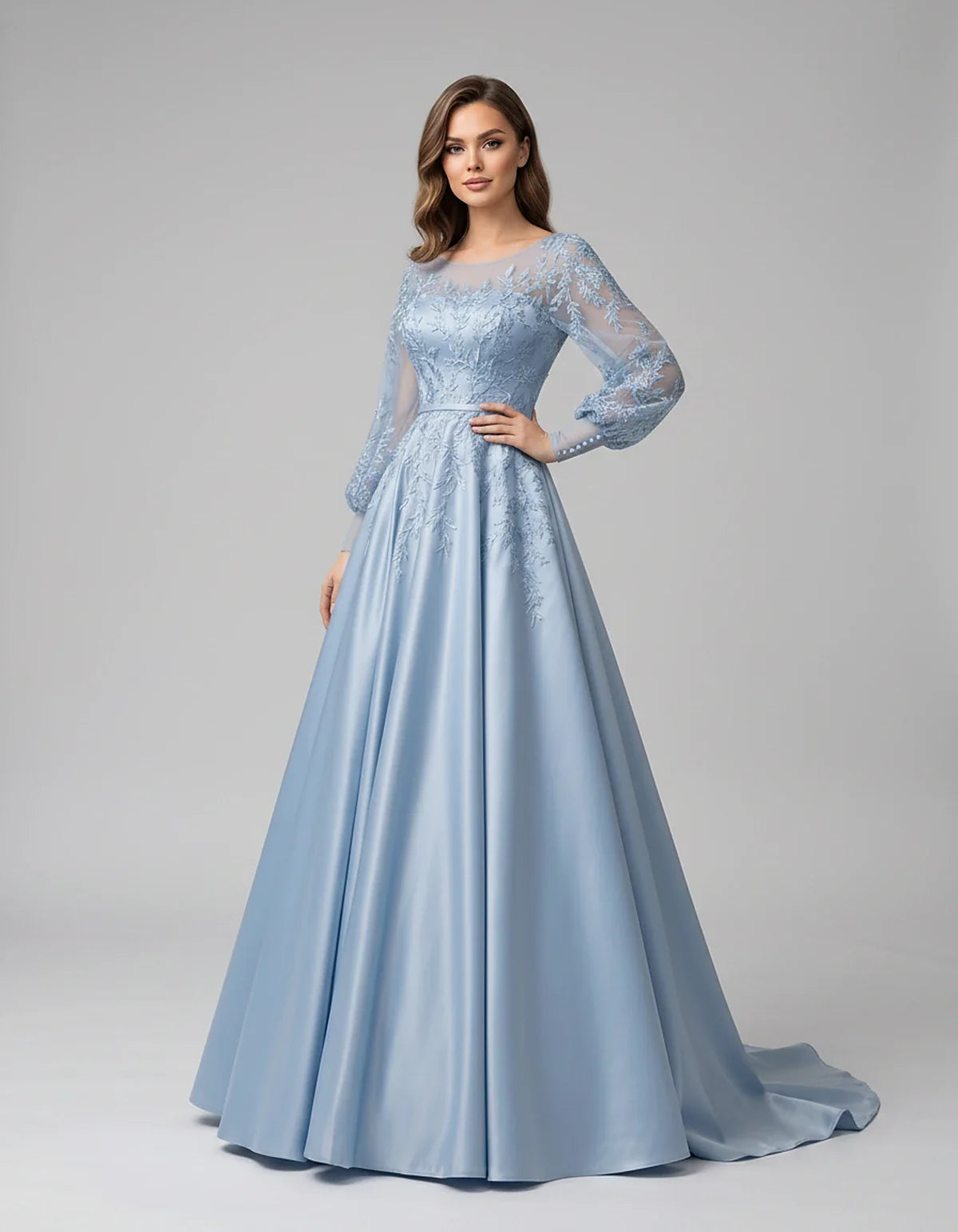 Satin Lace Appliqué Long Sleeve Illusion Neckline A-Line Maxi Dress for Party, Cocktail, Evening, Wedding Guest & Summer Even | SKU: VMD-583921746182305-DUSTYBLUE-L,VMD-583921746182305-DUSTYBLUE-M,VMD-583921746182305-DUSTYBLUE-S,VMD-583921746182305-DUSTYBLUE-XL,VMD-583921746182305-DUSTYBLUE-XS