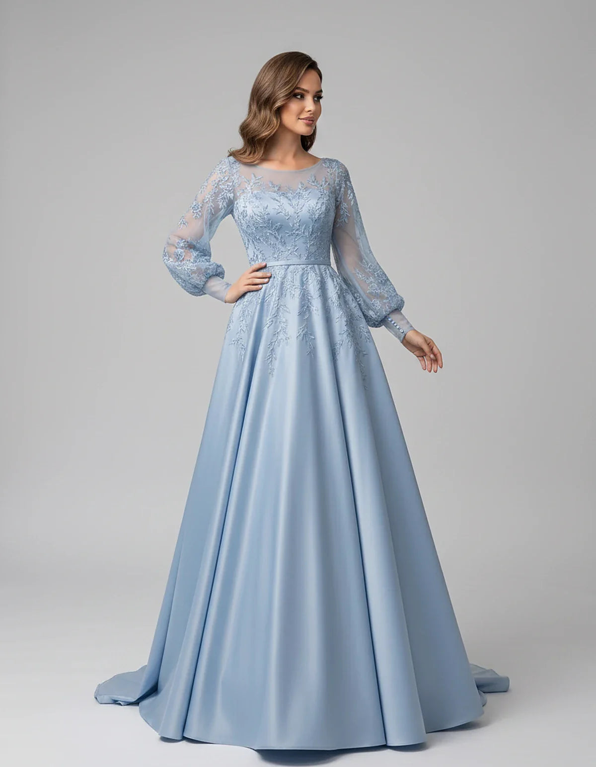 Satin Lace Appliqué Long Sleeve Illusion Neckline A-Line Maxi Dress for Party, Cocktail, Evening, Wedding Guest & Summer Even | SKU: VMD-583921746182305-DUSTYBLUE-L,VMD-583921746182305-DUSTYBLUE-M,VMD-583921746182305-DUSTYBLUE-S,VMD-583921746182305-DUSTYBLUE-XL,VMD-583921746182305-DUSTYBLUE-XS