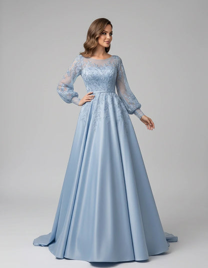 Satin Lace Appliqué Long Sleeve Illusion Neckline A-Line Maxi Dress for Party, Cocktail, Evening, Wedding Guest & Summer Even | SKU: VMD-583921746182305-DUSTYBLUE-L,VMD-583921746182305-DUSTYBLUE-M,VMD-583921746182305-DUSTYBLUE-S,VMD-583921746182305-DUSTYBLUE-XL,VMD-583921746182305-DUSTYBLUE-XS