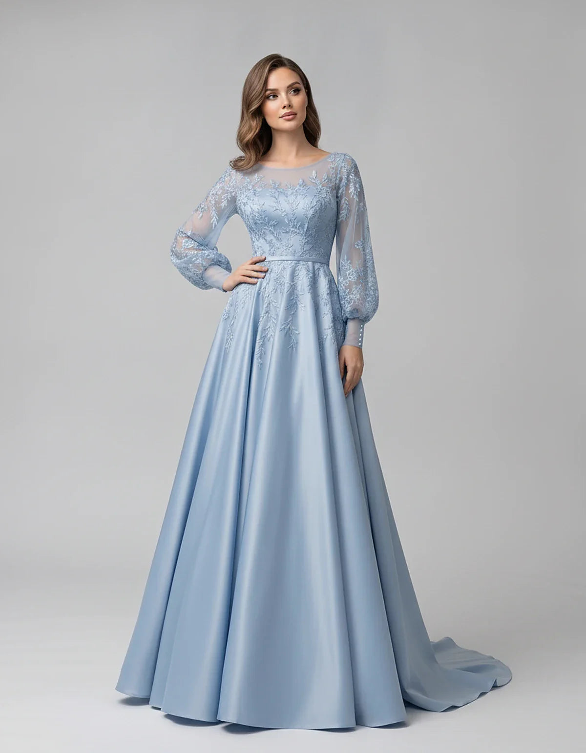 Satin Lace Appliqué Long Sleeve Illusion Neckline A-Line Maxi Dress for Party, Cocktail, Evening, Wedding Guest & Summer Even | SKU: VMD-583921746182305-DUSTYBLUE-L,VMD-583921746182305-DUSTYBLUE-M,VMD-583921746182305-DUSTYBLUE-S,VMD-583921746182305-DUSTYBLUE-XL,VMD-583921746182305-DUSTYBLUE-XS