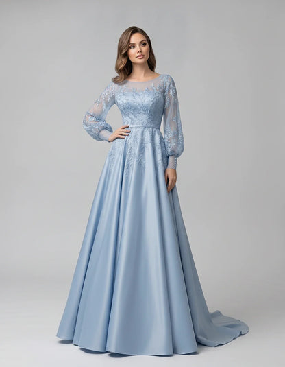 Satin Lace Appliqué Long Sleeve Illusion Neckline A-Line Maxi Dress for Party, Cocktail, Evening, Wedding Guest & Summer Even | SKU: VMD-583921746182305-DUSTYBLUE-L,VMD-583921746182305-DUSTYBLUE-M,VMD-583921746182305-DUSTYBLUE-S,VMD-583921746182305-DUSTYBLUE-XL,VMD-583921746182305-DUSTYBLUE-XS