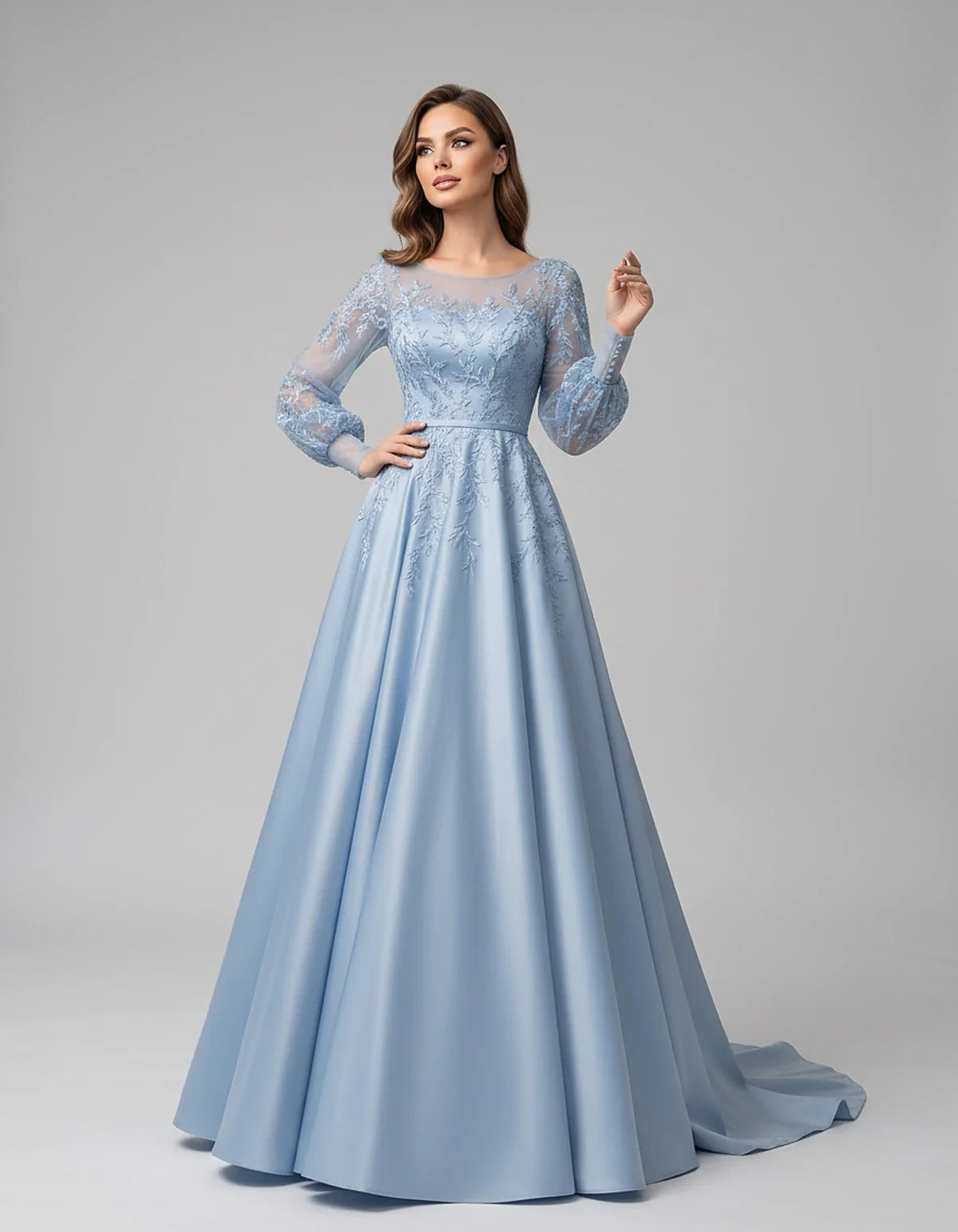 Satin Lace Appliqué Long Sleeve Illusion Neckline A-Line Maxi Dress for Party, Cocktail, Evening, Wedding Guest & Summer Even | SKU: VMD-583921746182305-DUSTYBLUE-L,VMD-583921746182305-DUSTYBLUE-M,VMD-583921746182305-DUSTYBLUE-S,VMD-583921746182305-DUSTYBLUE-XL,VMD-583921746182305-DUSTYBLUE-XS