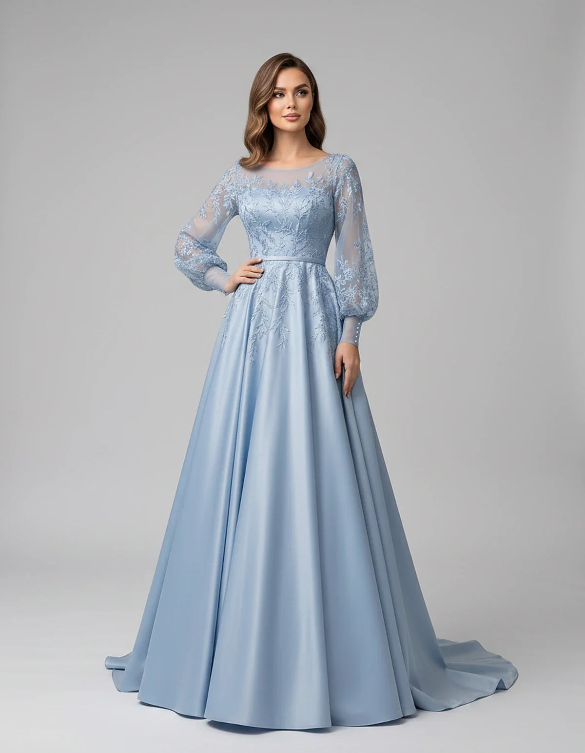 Satin Lace Appliqué Long Sleeve Illusion Neckline A-Line Maxi Dress for Party, Cocktail, Evening, Wedding Guest & Summer Even | SKU: VMD-583921746182305-DUSTYBLUE-L,VMD-583921746182305-DUSTYBLUE-M,VMD-583921746182305-DUSTYBLUE-S,VMD-583921746182305-DUSTYBLUE-XL,VMD-583921746182305-DUSTYBLUE-XS