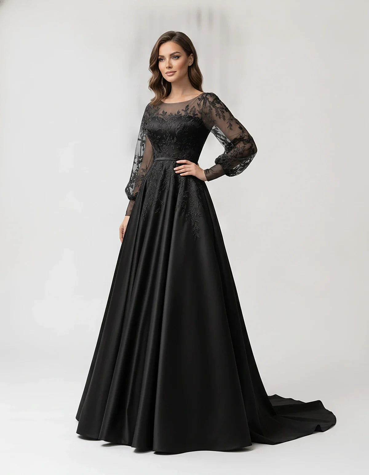 Satin Lace Appliqué Long Sleeve Illusion Neckline A-Line Maxi Dress for Party, Cocktail, Evening, Wedding Guest & Summer Even | SKU: VMD-583921746182305-BLACK-L,VMD-583921746182305-BLACK-M,VMD-583921746182305-BLACK-S,VMD-583921746182305-BLACK-XL,VMD-583921746182305-BLACK-XS