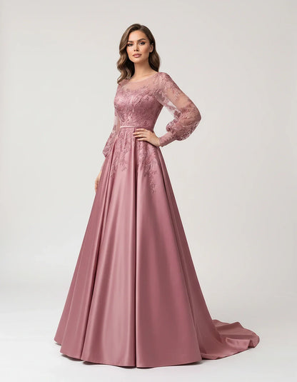 Satin Lace Appliqué Long Sleeve Illusion Neckline A-Line Maxi Dress for Party, Cocktail, Evening, Wedding Guest & Summer Even | SKU: VMD-583921746182305-DUSTYPINK-L,VMD-583921746182305-DUSTYPINK-M,VMD-583921746182305-DUSTYPINK-S,VMD-583921746182305-DUSTYPINK-XL,VMD-583921746182305-DUSTYPINK-XS