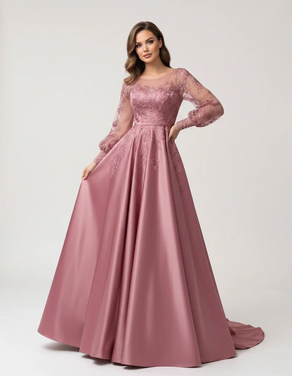 Satin Lace Appliqué Long Sleeve Illusion Neckline A-Line Maxi Dress for Party, Cocktail, Evening, Wedding Guest & Summer Even | SKU: VMD-583921746182305-DUSTYPINK-L,VMD-583921746182305-DUSTYPINK-M,VMD-583921746182305-DUSTYPINK-S,VMD-583921746182305-DUSTYPINK-XL,VMD-583921746182305-DUSTYPINK-XS