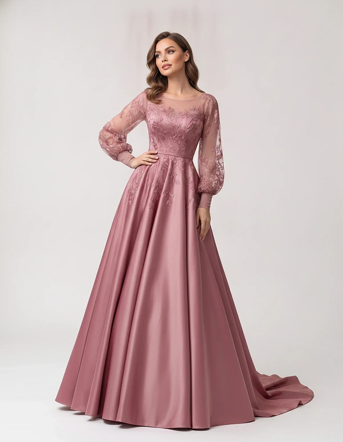 Satin Lace Appliqué Long Sleeve Illusion Neckline A-Line Maxi Dress for Party, Cocktail, Evening, Wedding Guest & Summer Even | SKU: VMD-583921746182305-DUSTYPINK-L,VMD-583921746182305-DUSTYPINK-M,VMD-583921746182305-DUSTYPINK-S,VMD-583921746182305-DUSTYPINK-XL,VMD-583921746182305-DUSTYPINK-XS