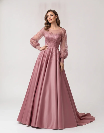 Satin Lace Appliqué Long Sleeve Illusion Neckline A-Line Maxi Dress for Party, Cocktail, Evening, Wedding Guest & Summer Even | SKU: VMD-583921746182305-DUSTYPINK-L,VMD-583921746182305-DUSTYPINK-M,VMD-583921746182305-DUSTYPINK-S,VMD-583921746182305-DUSTYPINK-XL,VMD-583921746182305-DUSTYPINK-XS