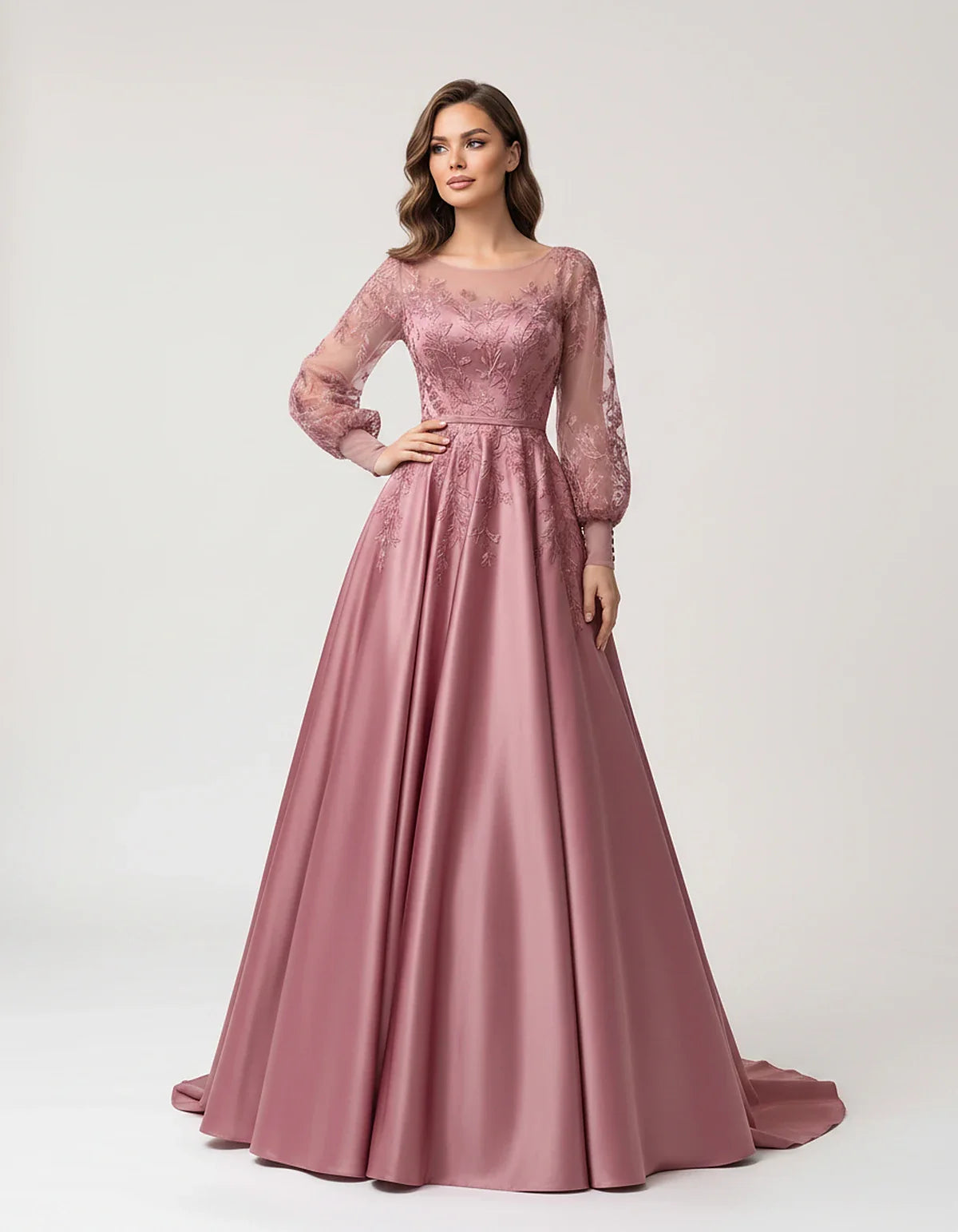 Satin Lace Appliqué Long Sleeve Illusion Neckline A-Line Maxi Dress for Party, Cocktail, Evening, Wedding Guest & Summer Even | SKU: VMD-583921746182305-DUSTYPINK-L,VMD-583921746182305-DUSTYPINK-M,VMD-583921746182305-DUSTYPINK-S,VMD-583921746182305-DUSTYPINK-XL,VMD-583921746182305-DUSTYPINK-XS