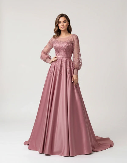 Satin Lace Appliqué Long Sleeve Illusion Neckline A-Line Maxi Dress for Party, Cocktail, Evening, Wedding Guest & Summer Even | SKU: VMD-583921746182305-DUSTYPINK-L,VMD-583921746182305-DUSTYPINK-M,VMD-583921746182305-DUSTYPINK-S,VMD-583921746182305-DUSTYPINK-XL,VMD-583921746182305-DUSTYPINK-XS