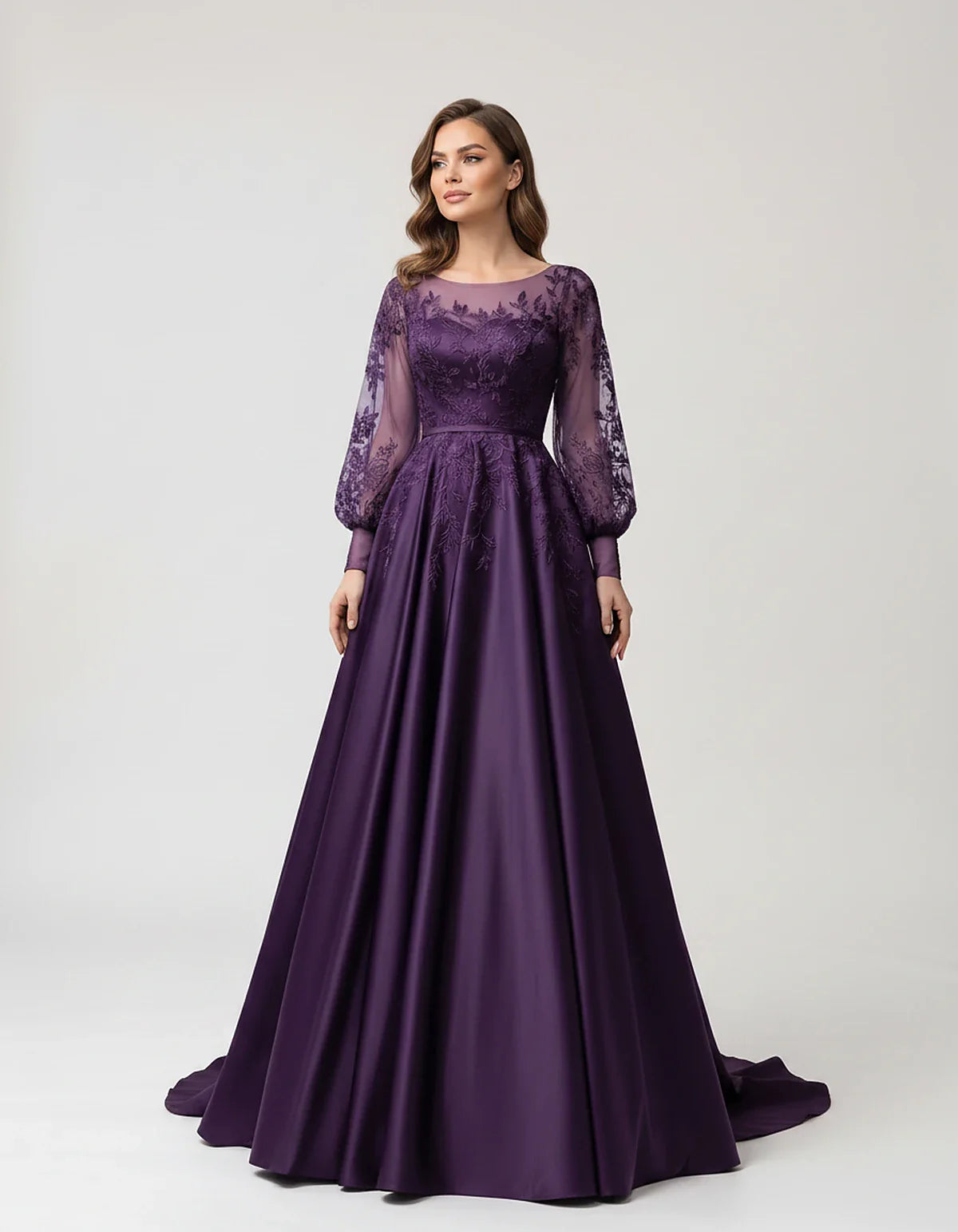 Satin Lace Appliqué Long Sleeve Illusion Neckline A-Line Maxi Dress for Party, Cocktail, Evening, Wedding Guest & Summer Even | SKU: VMD-583921746182305-PURPLE-L,VMD-583921746182305-PURPLE-M,VMD-583921746182305-PURPLE-S,VMD-583921746182305-PURPLE-XL,VMD-583921746182305-PURPLE-XS