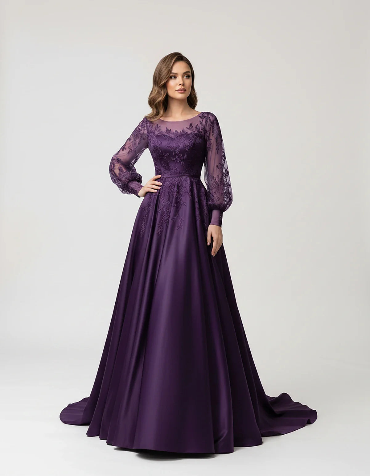 Satin Lace Appliqué Long Sleeve Illusion Neckline A-Line Maxi Dress for Party, Cocktail, Evening, Wedding Guest & Summer Even | SKU: VMD-583921746182305-PURPLE-L,VMD-583921746182305-PURPLE-M,VMD-583921746182305-PURPLE-S,VMD-583921746182305-PURPLE-XL,VMD-583921746182305-PURPLE-XS