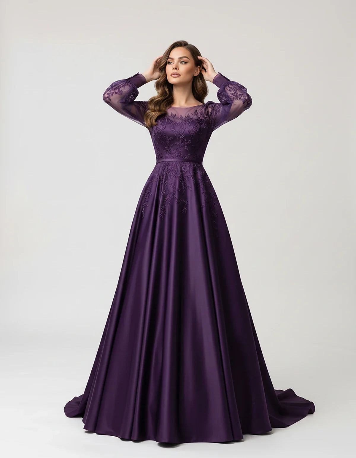 Satin Lace Appliqué Long Sleeve Illusion Neckline A-Line Maxi Dress for Party, Cocktail, Evening, Wedding Guest & Summer Even | SKU: VMD-583921746182305-PURPLE-L,VMD-583921746182305-PURPLE-M,VMD-583921746182305-PURPLE-S,VMD-583921746182305-PURPLE-XL,VMD-583921746182305-PURPLE-XS